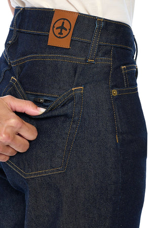 Back hidden zipper pocket on the dark indigo relaxed pickpocket proof pants for women