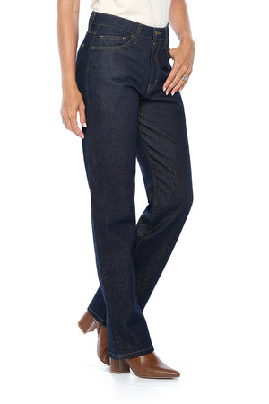 Side profile of the relaxed dark indigo travel jeans for women by aviator