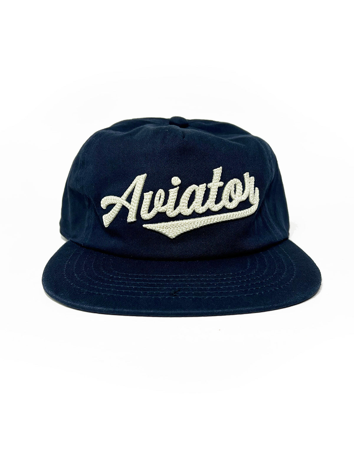 Olive aviator painters cap with ivory script.