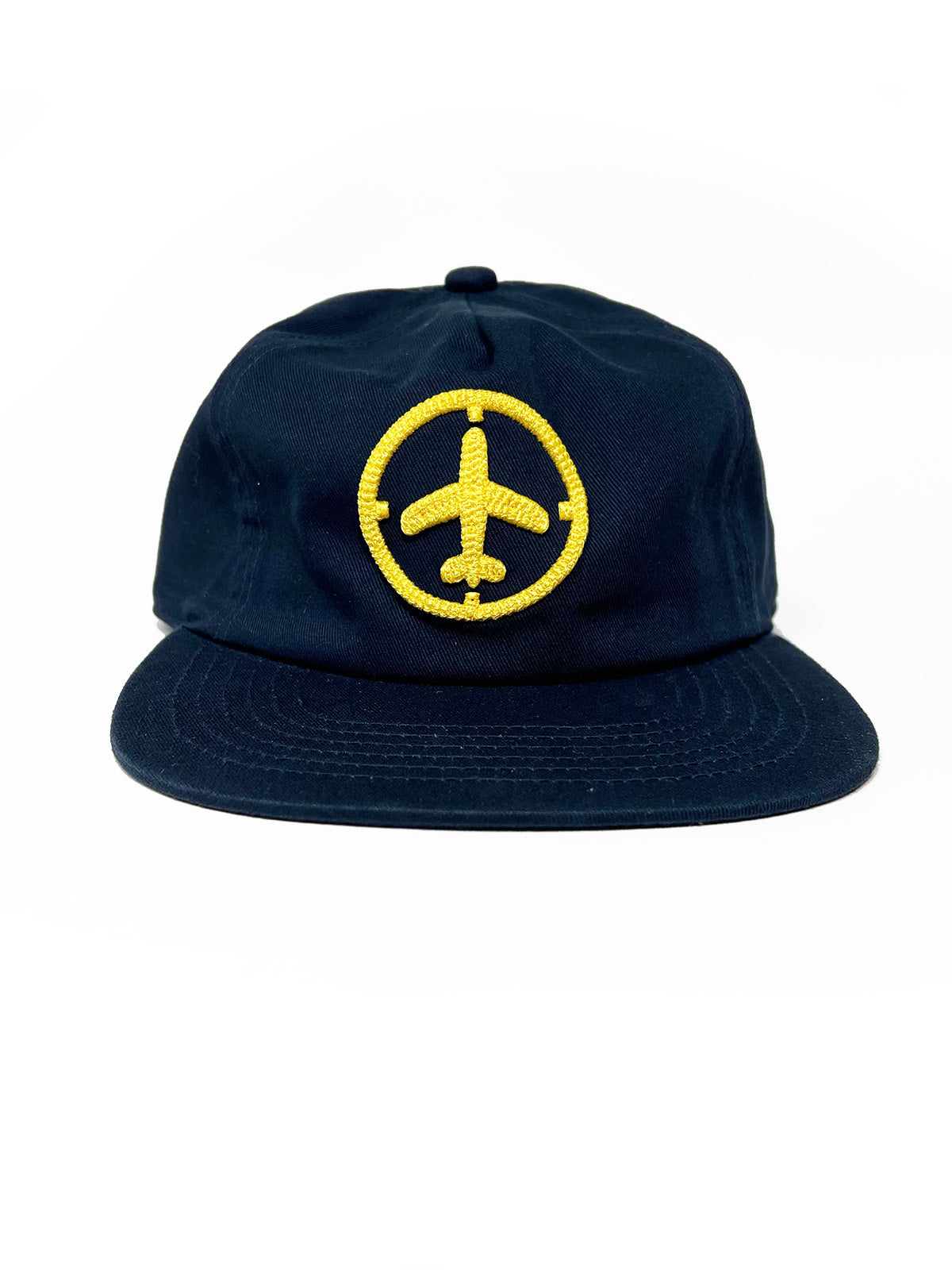 Navy painters cap with yellow Aviator logo.
