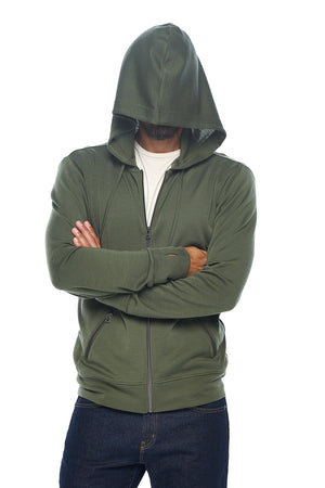 Sleeper hood on the merino wool travel hoodie first class olive style for men