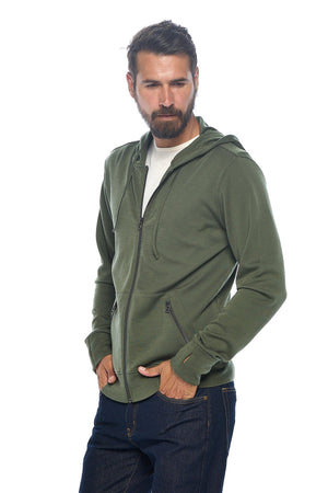 First class merino wool travel hoodie for men in olive