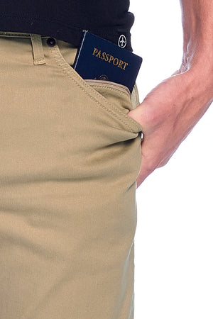 Front hidden zipper pocket of the pickpocket proof travel pants