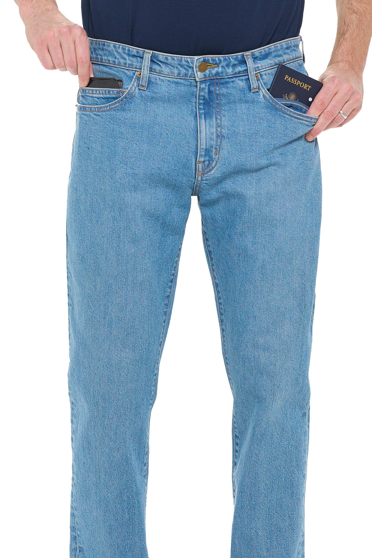 Aviator travel jeans for men in faded indigo showcasing pickpocket prevention capabilities