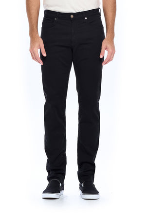 Front angle of men's travel pants by aviator in jet black with bull denim