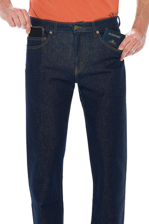 Aviator Men's Travel Jeans in Dark Indigo showcasing the capabilities of pickpocket proof pants as travel pants