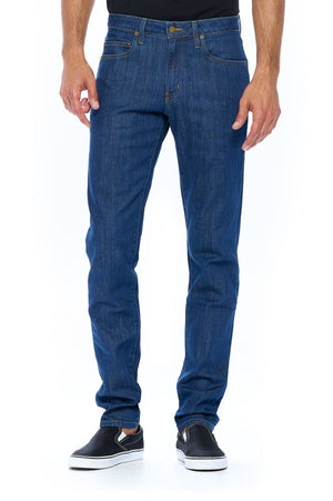 Front facing view of the Aviator dark vintage travel jeans for men.