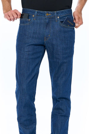 Model wearing Aviator dark vintage travel jeans.