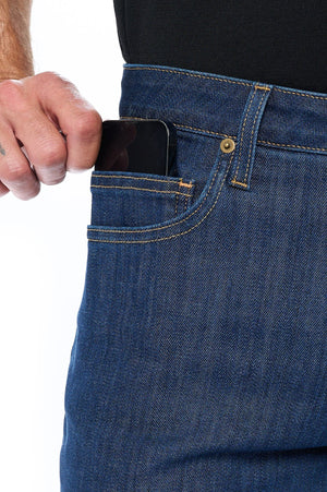 Smart device pocket on the Aviator dark vintage travel pants for men.