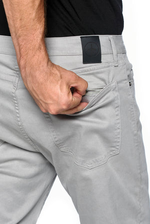 The hidden zipper pocket on Aviator slim straight vintage steel travel jeans.