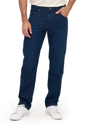 Men's dark indigo lightweight travel jeans, tailored fit, front view from waist to knee