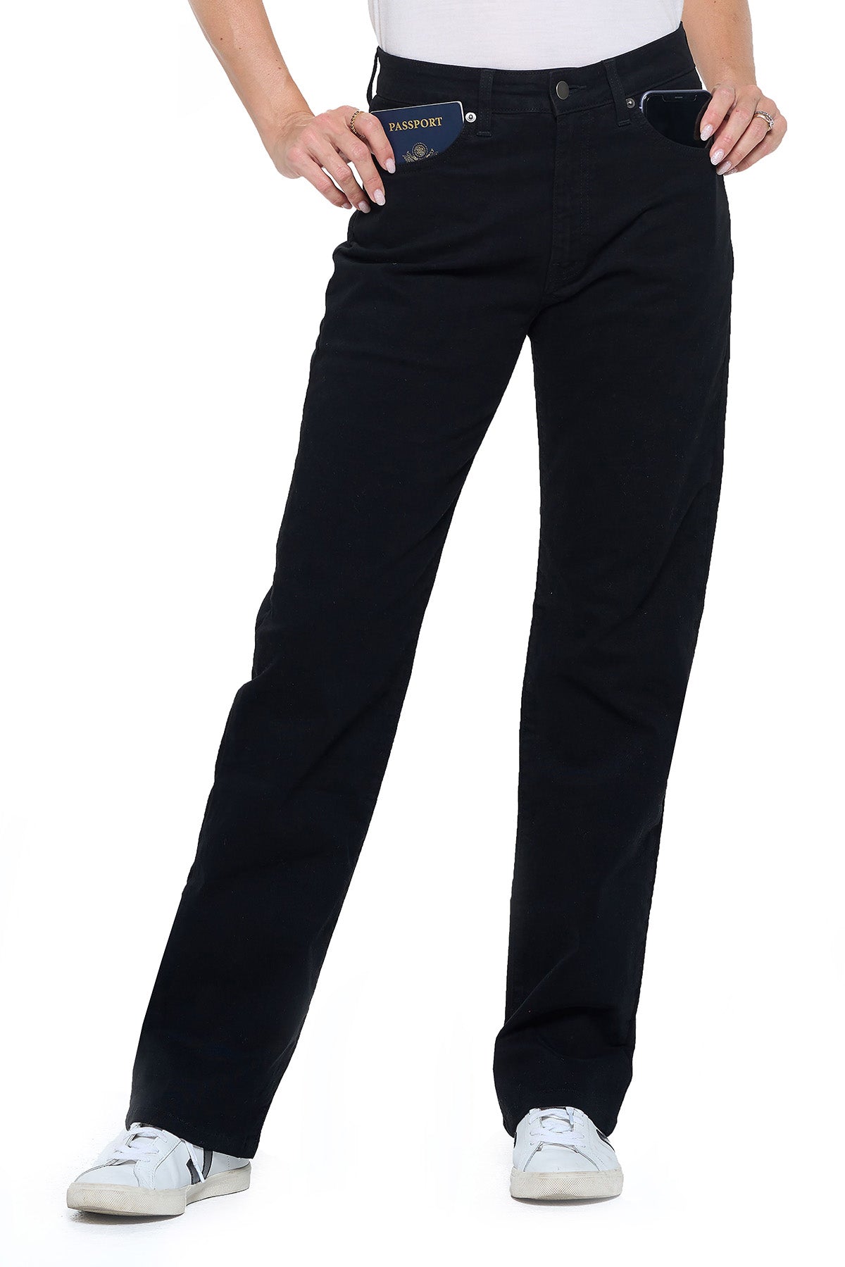 Aviator relaxed jet black travel jeans showcasing pickpocket proof capabilities
