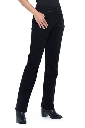 Side profile view of Aviator best travel jeans in relaxed jet black style