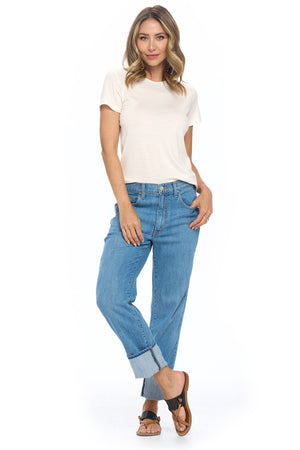 Aviator women's travel pants full view of the relaxed boyfriend faded indigo jeans