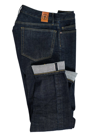 A top down view of the Aviator men's travel pants made with selvedge denim for travel