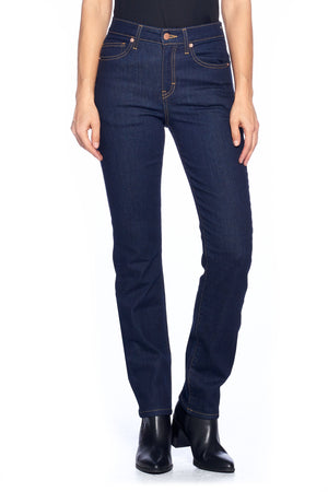 Slim straight deadstock dark indigo travel jeans from front view