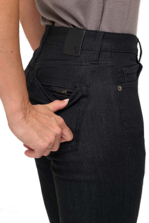 Model peeling back patch pocket to reveal a hidden zippered pick-pocket proof pocket.