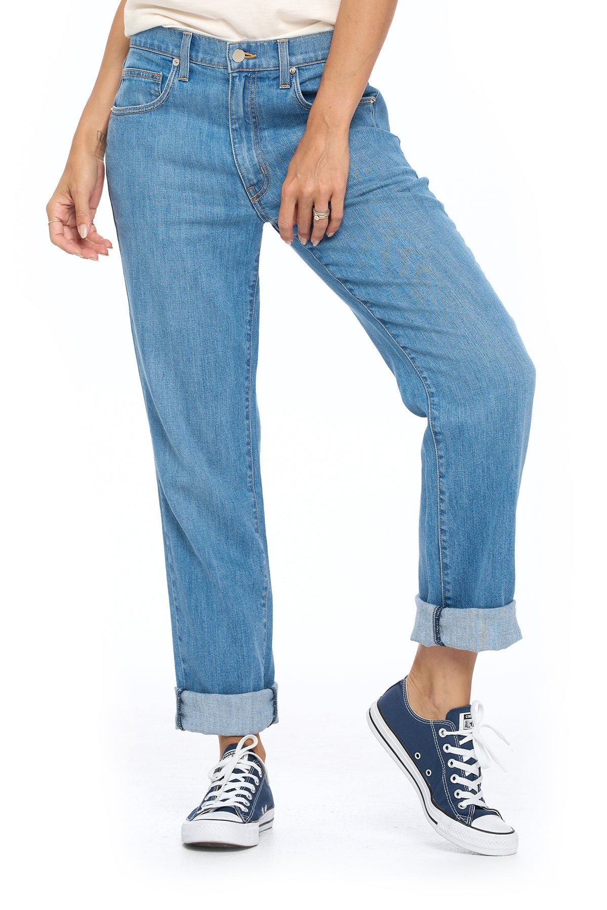 Women's travel jeans by Aviator in the Relaxed Boyfriend style in faded indigo color