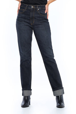 Front view of midnight indigo travel pants for women by Aviator
