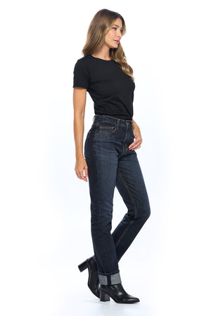 Side profile view of the Aviator midnight indigo travel jeans for women