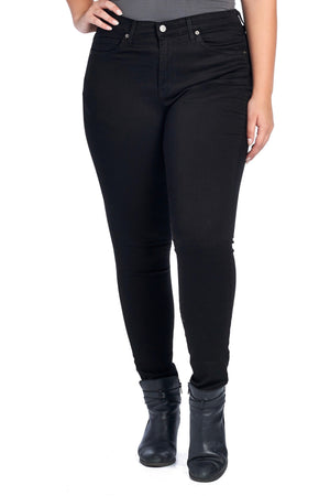 Larger size front view of skinny jet black travel jeans
