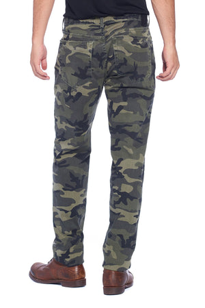 Back angle of camo colored travel jeans for men