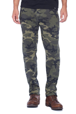 Front view of Aviator men's travel jeans in camo color