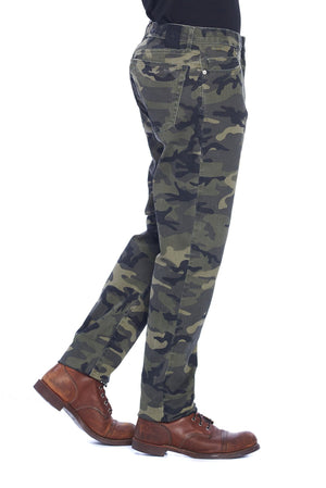 Side profile view of Aviator travel pants for men in camo color