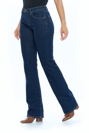 Profile view of the fly flare bootcut travel jeans.