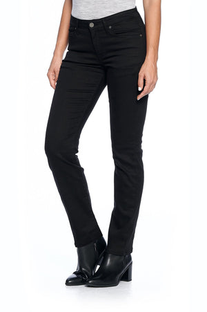 Model posing wearing the fly straight jet black travel jeans for women.
