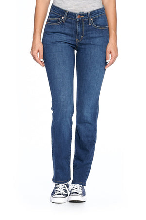 Medium indigo fly straight travel jeans for women by Aviator.