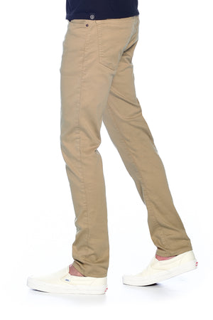 Side profile of the Aviator best travel jeans for men in Japanese twill khaki