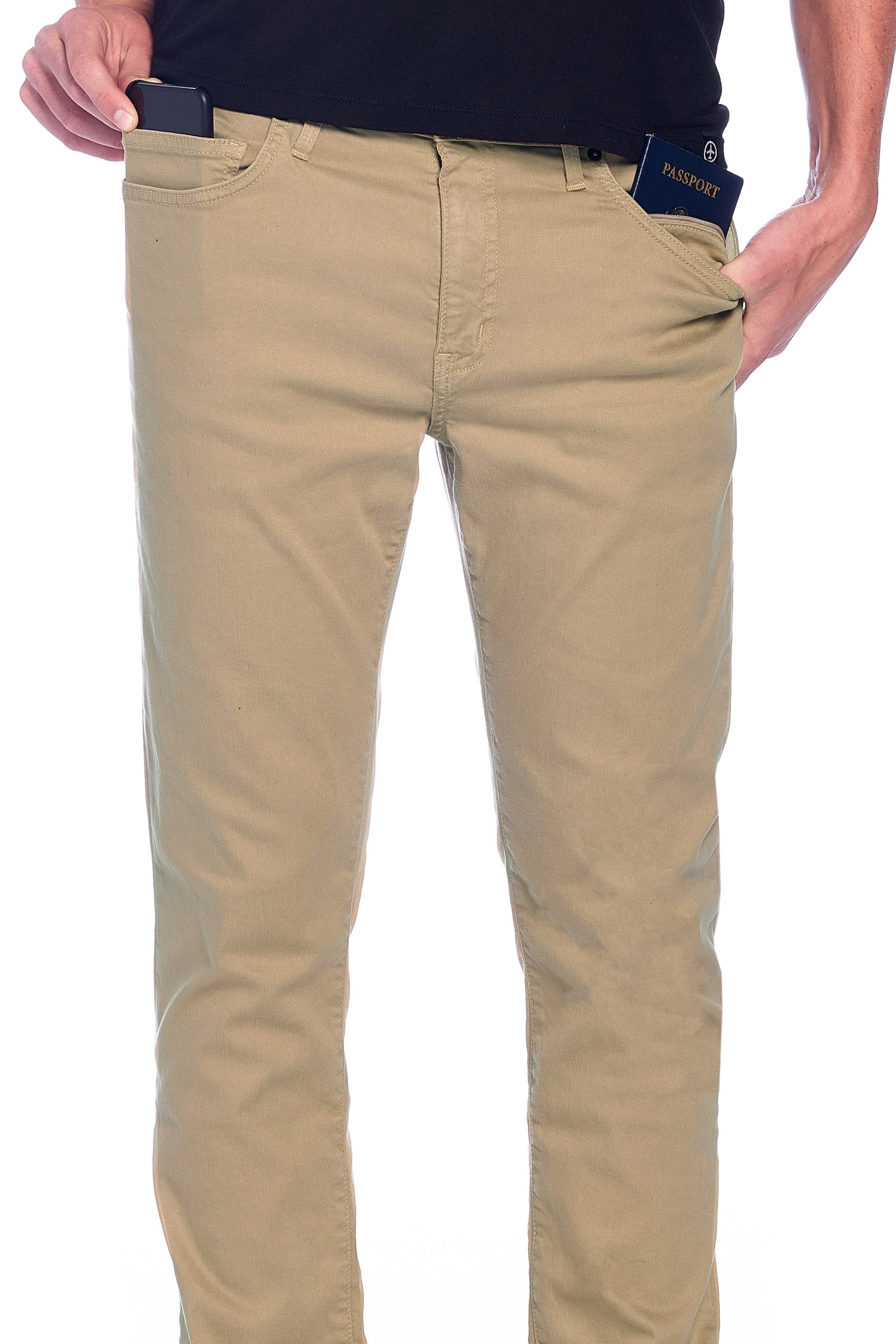 Aviator men's travel jeans in a khaki color made of a soft brushed Japanese twill