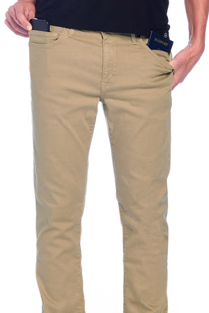 Aviator men's travel jeans in a khaki color made of a soft brushed Japanese twill