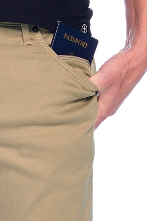 Front hidden zipper pocket on the Aviator pickpocket proof pants in khaki