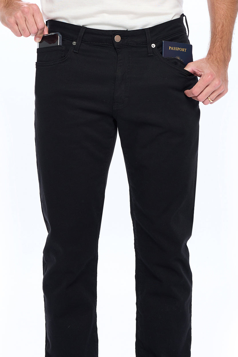 Mens Jet Black Travel Jeans made with Japanese Twill with pickpocket prevention technology