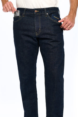 Aviator Selvedge travel jeans showing capabilities of these pickpocket proof pants