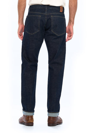 Back view of the aviator selvedge travel jeans