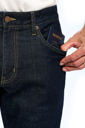 The front hidden zipper pocket on the Aviator best travel jeans made of Japanese selvedge denim