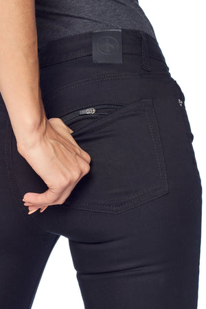 back secure hidden zipper pocket on the pickpocket proof pants by Aviator in skinny jet black style