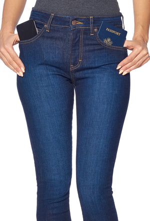 Aviator skinny indigo travel jeans with style and function