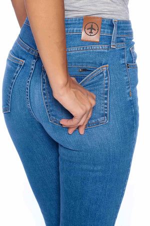 Hidden zipper secure back pocket on the faded indigo comfort skinny pickpocket proof pants