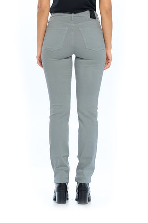 Back view of a model wearing Aviator's fly straight steel grey travel jeans.