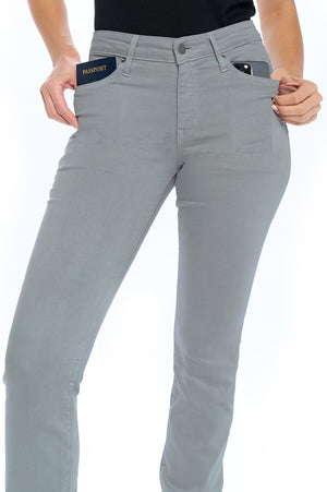 Model posing with fly straight steel grey travel pants for women.