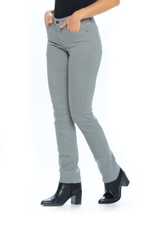Side profile view of a model wearing the fly straight steel grey Aviator travel jeans for women.