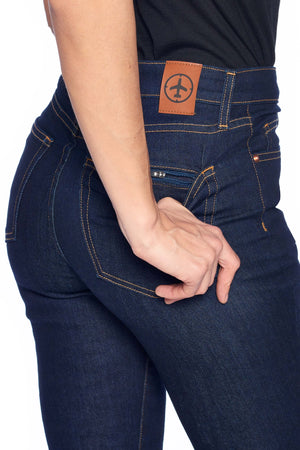 Hidden zipper secure pocket on the dark indigo skinny pickpocket proof pants