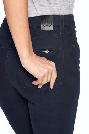 Hidden zipper back pocket on the slim straight jet black pickpocket proof pants