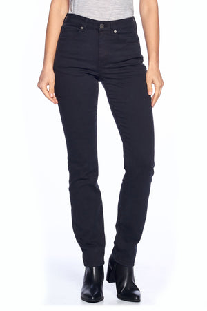 Deadstock front profile view of slim straight jet black travel jeans