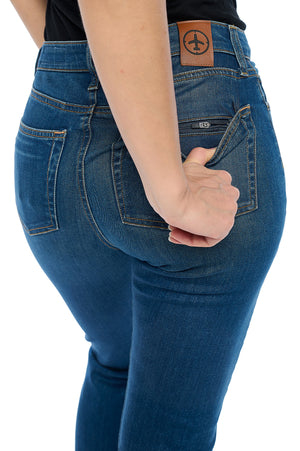 Hidden zipper pocket on the pickpocket proof pants in vintage indigo slim straight style