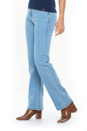 Side profile of the Aviator faded indigo travel jeans for women